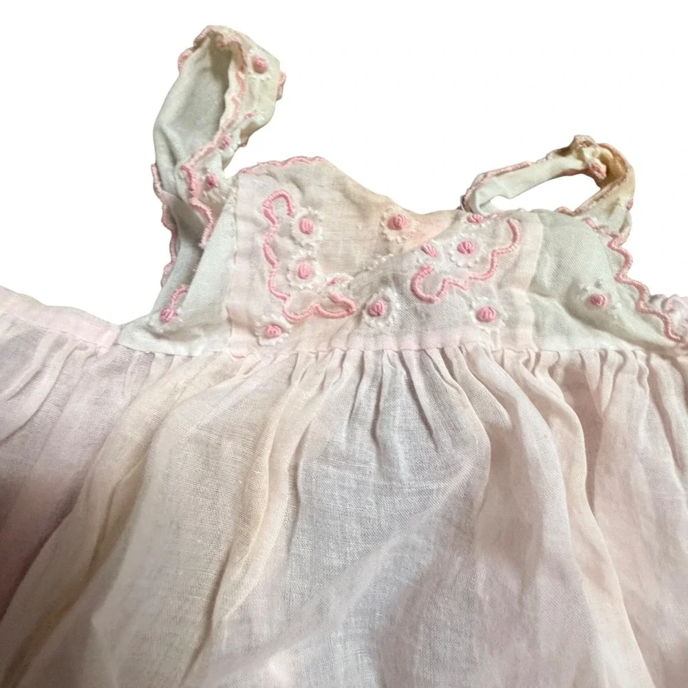 Vintage Cherubs Handmade Baby Dress and Pinafore Set Pink Embroidered Size L
